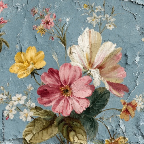 Wallpaper Mural Floral bouquet on distressed, light blue background Torontodigital.ca