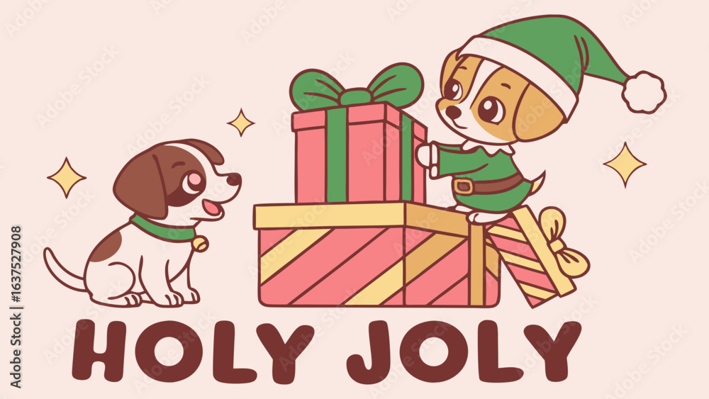 Fototapeta premium Adorable Christmas Elf Dog with Presents and Friend.