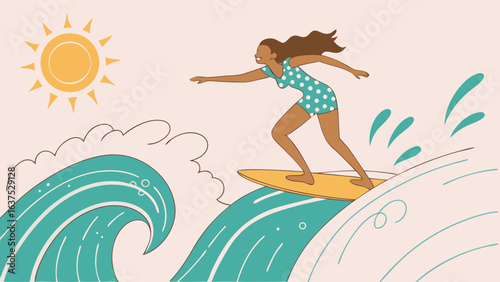 Happy Woman Surfing Ocean Wave Under Summer Sun.
