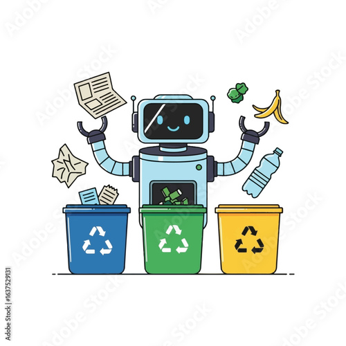 A friendly robot sorts different types of waste into recycling bins.