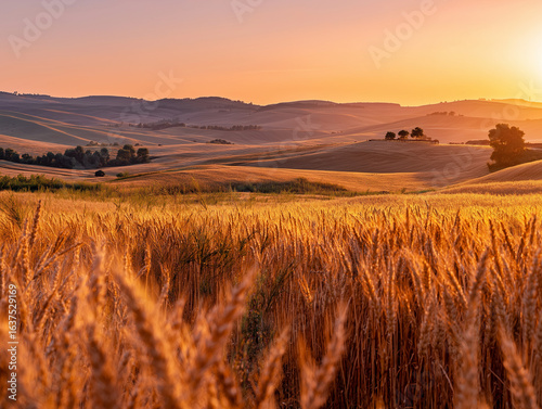 golden wheat field under vivid orange sunset with gently rolling hills in background, peaceful countryside scene captured on white background, soft shadows and warm glow