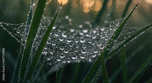 Dew-Kissed Spiderweb: Nature's Sparkling Masterpiece in Green