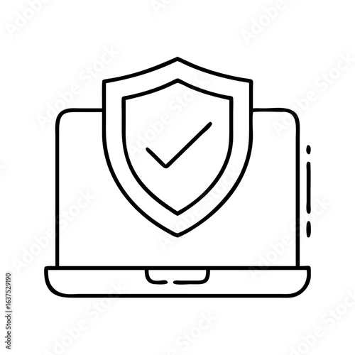 Secure laptop computer with shield checkmark for antivirus protection and data security icon