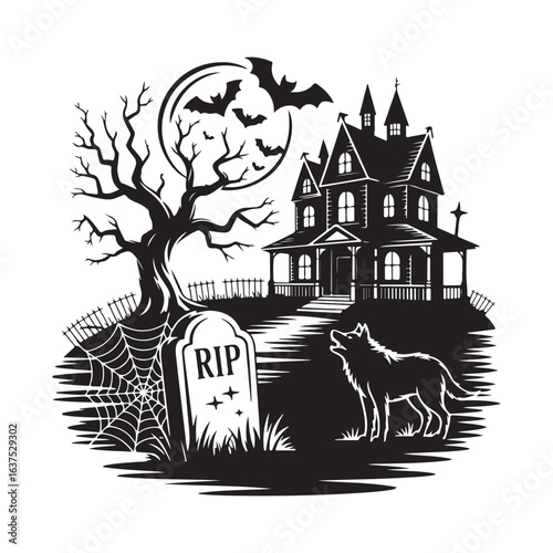 Halloween Scene Featuring a Haunted House Wolf and Tombstone