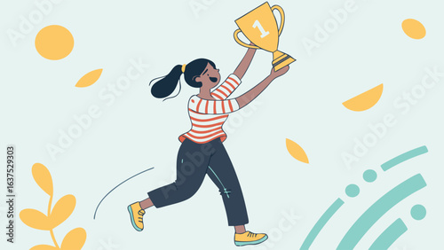 Joyful Woman Running with Winning Trophy.