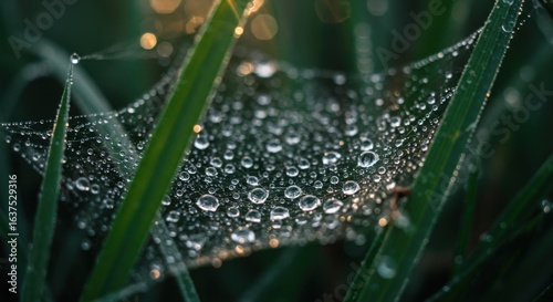 Dew-Kissed Spiderweb: Nature's Sparkling Masterpiece in Green Grass