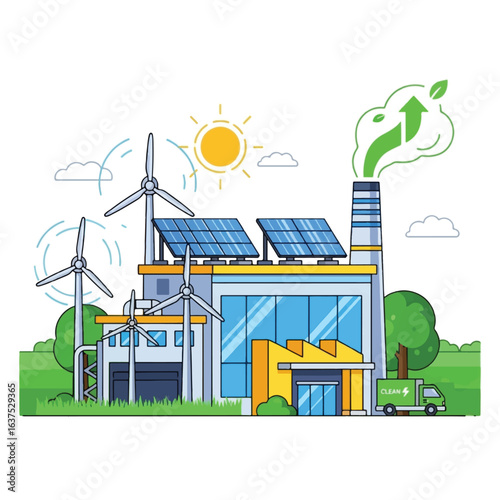 Eco-friendly factory utilizing solar and wind power for sustainable production.