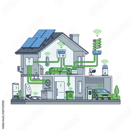 Cross-section illustration of a smart home showcasing connected devices and renewable energy integration.