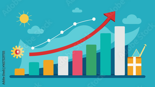 Illustration of a rising bar graph with an upward arrow and a sun and clouds in the background