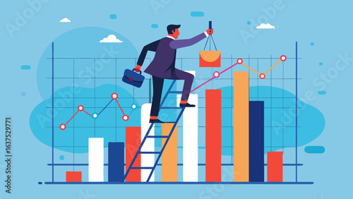 Businessman climbing ladder over bar graph holding briefcase and bag on a blue background with cloud