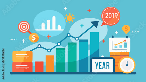 Financial report with bar graph and upward trend line indicating business growth and success in the year