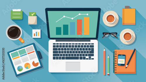 Flat lay illustration of a laptop with charts and graphs surrounded by office supplies and coffee cups