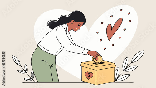 Woman Donating Money into a Charity Box with Heart Symbol.