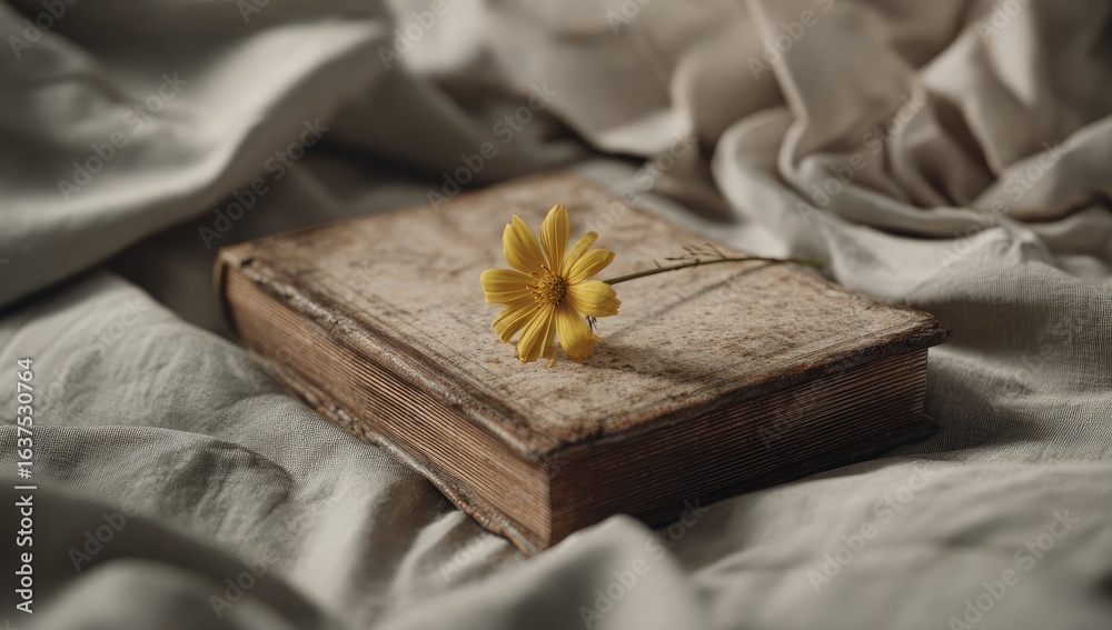 Fototapeta premium Aged book, yellow flower on linen