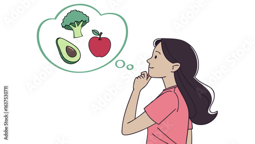 Woman Thinking About Healthy Food Choices with Fruits and Vegetables.