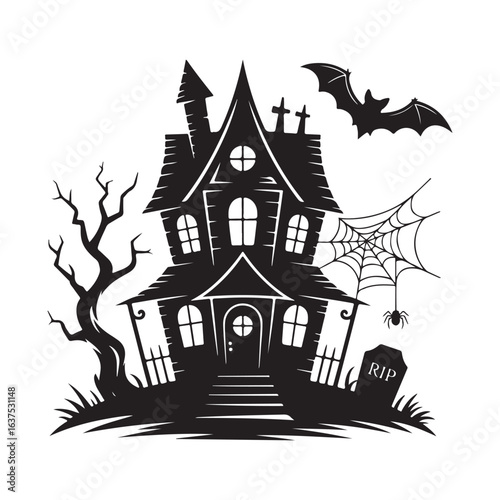 title Spooky Haunted House with Bat Spider Web and Tombstone keywords