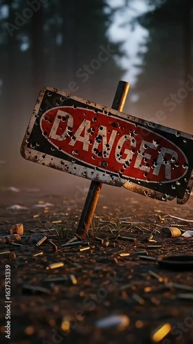 Bullet-ridden danger sign in forest; shells scattered; dawn
