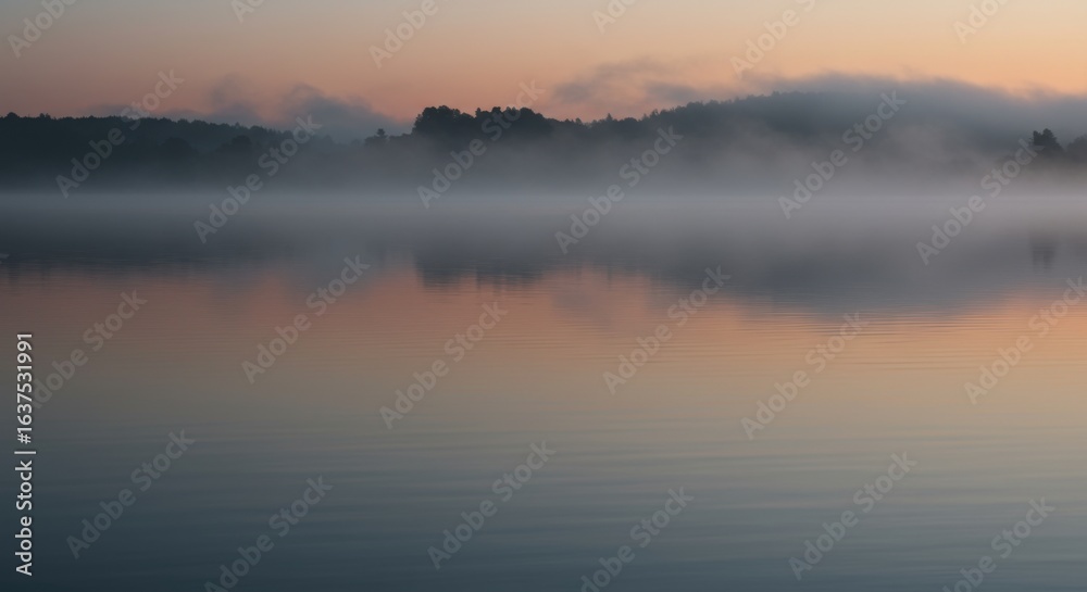 Fototapeta premium Misty Dawn Lake Reflection: Serene Pink and Grey Landscape Photography