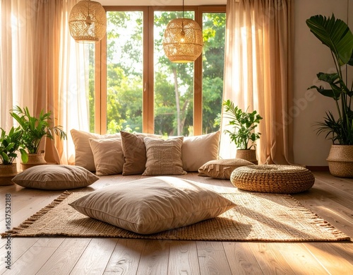 Cozy Living Room Interior with Natural Light, Pillows, and Plants, Home Decor