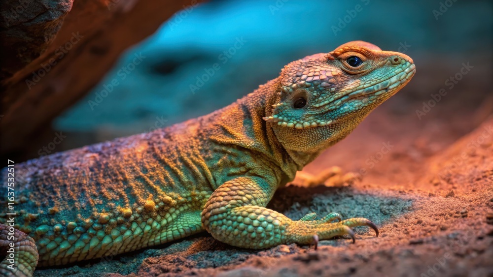 Obraz premium Vibrant Lizard Resting on Sandy Surface in a Colorful Habitat