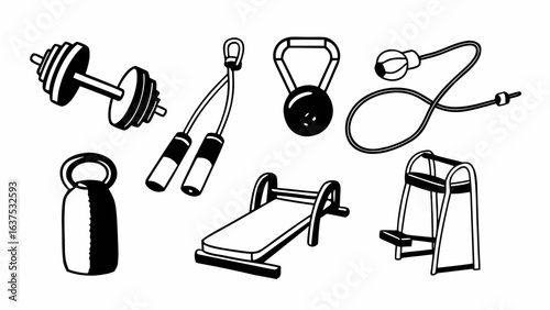 Illustration of various fitness equipment including dumbbell, kettlebell and jump rope displayed created with generated ai