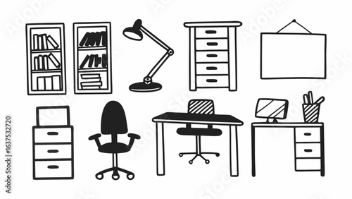 Illustration of a workspace with desk chair lamp bookshelves and storage furniture in black and white created with generated ai