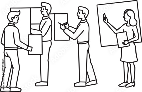 Three men and one woman in a meeting presenting information on boards presentation business