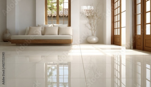 Light, modern living room with off-white tiles and furniture