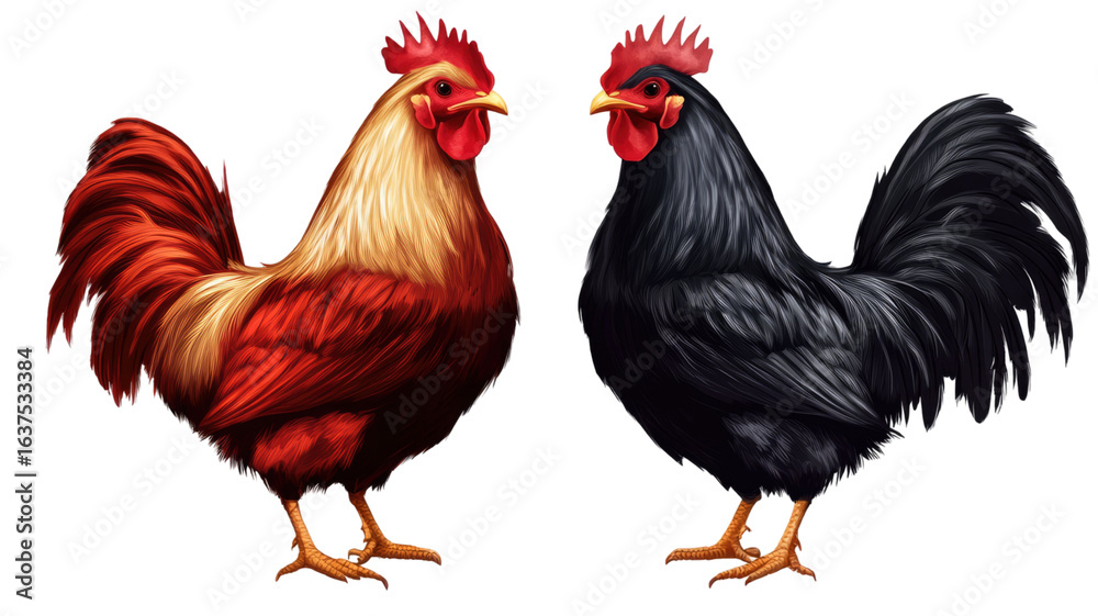 Fototapeta premium Black and Red Chicken for Farm Animal and Poultry Illustration Isolated on White Background