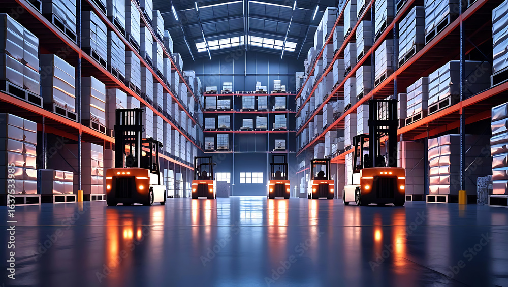 Fototapeta premium Modern Warehouse Interior with Forklifts and Shelving
