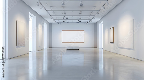 an elegant modern art gallery with large blank canvases on white walls, soft museum lighting, room for brand visuals or campaign content, high-end aesthetic, 16:9 frame