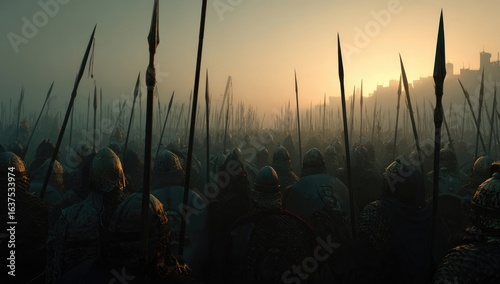 Massive army, spears pointed, dawn, approaching fortress