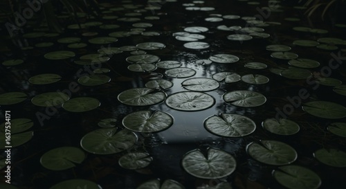 Dark Green Lily Pads on Still Water: Serene Nature Photography