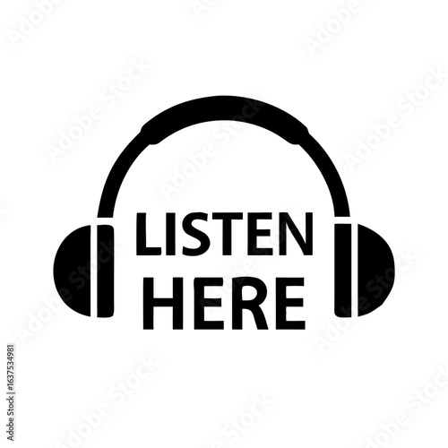 Audio guide headphones glyph icon with "Listen Here" text, a black silhouette for museum tours, isolated on a transparent background
