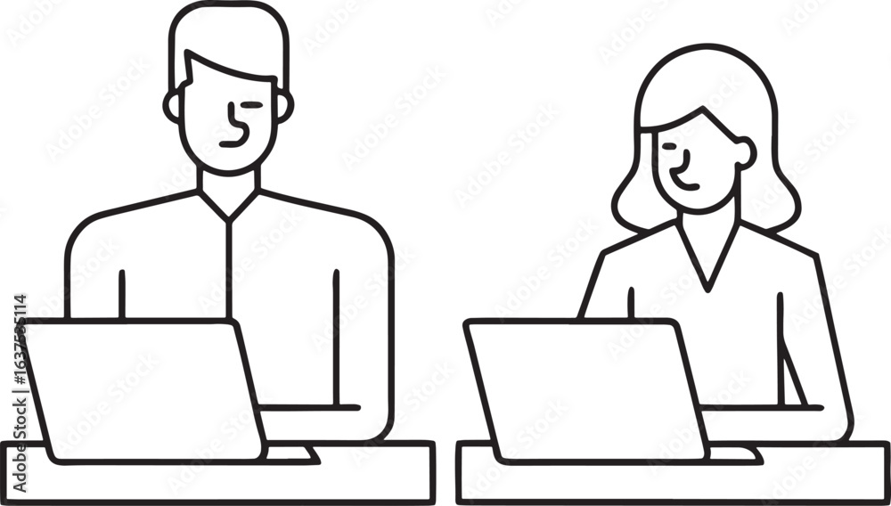 Two people man and woman working on laptops at desks in simple line art style computer Two people man and woman working on laptops at desks in simple line art style computer