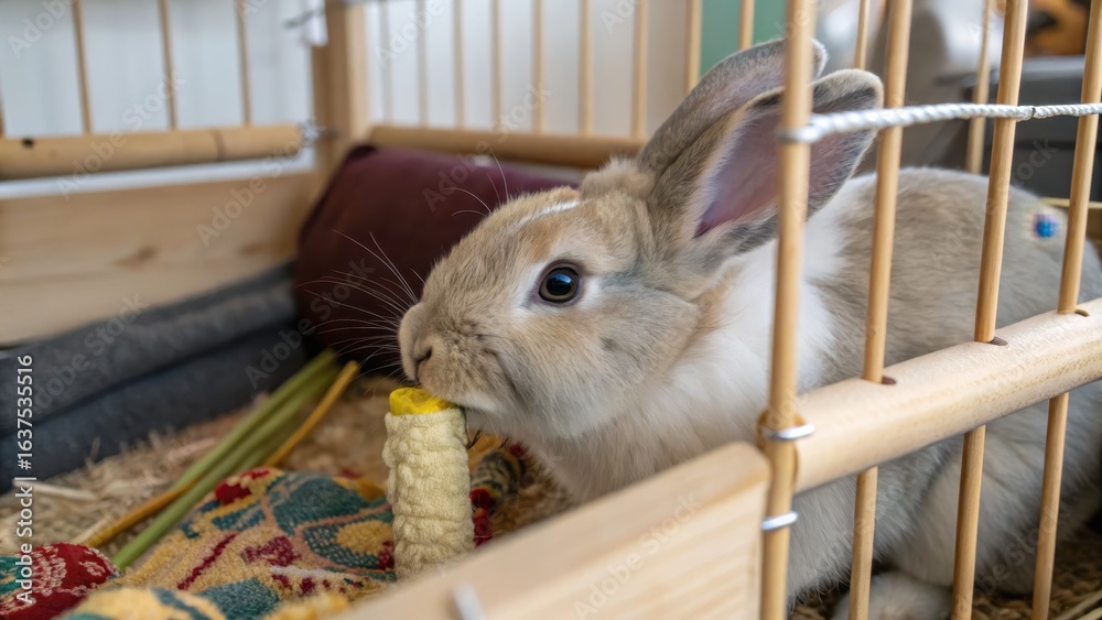 Obraz premium Cute Domestic Bunny Exploring Small Cage with Chew Toy and Hay