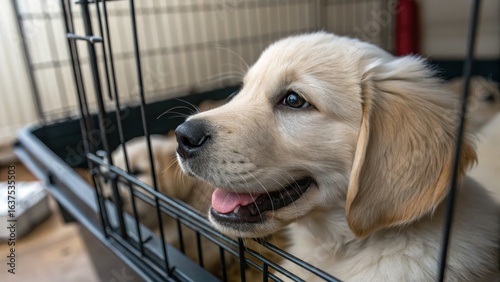 Cute Golden Retriever Puppy in Crate with Adorable Expression
