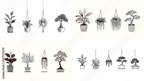 Minimalist plant illustration set featuring potted plants, hanging planters, and bonsai trees in hand-drawn style. Perfect for home decor, gardening, and botanical designs.

