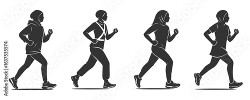 Set cartoon silhouette muslim women engaging fitness and athletic activities. Bundle female wearing hijab doing running activity. Flat vector illustrations arabic girl promoting healthy lifestyle.