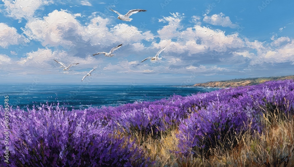 Fototapeta premium Lavender field by the ocean with birds