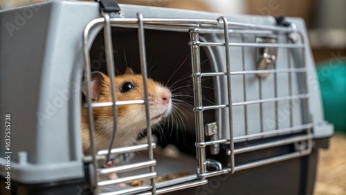 Cute Small Hamster in Pet Carrier Looking Out with Curiosity