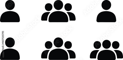 People icon set single person, group, and crowd silhouettes in solid black style for team, community, and social network concepts