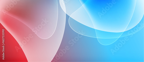 Abstract fluid shapes blend, creating vibrant color gradients. Red transitions to blue via pink, gray hues. Smooth curves dominate composition.