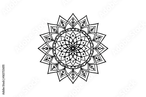 high quality Elegant black and white mandala design with intricate geometric patterns featuring a stylized flower at its center evoking a sense of serenity and balance
