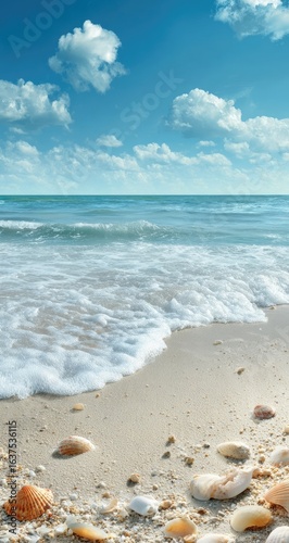 Sunny beach scene with waves and shells