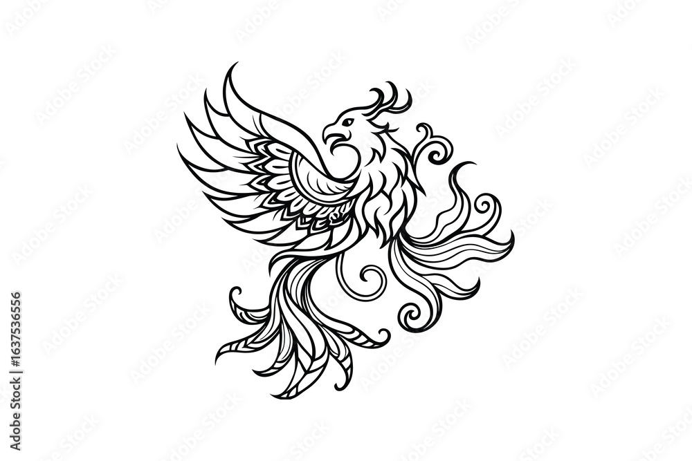 Fototapeta premium contemporary innovative creative digital colorful vibrant crisp clean stylish elegant modern detailed professional high quality Elegant Black Silhouette Style Phoenix Bird Design with Intricate Feathe