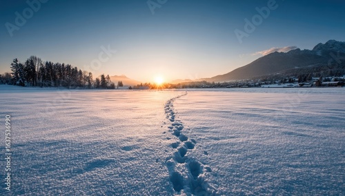 Winter sunrise, snow-covered field, footprints leading to distant mountains