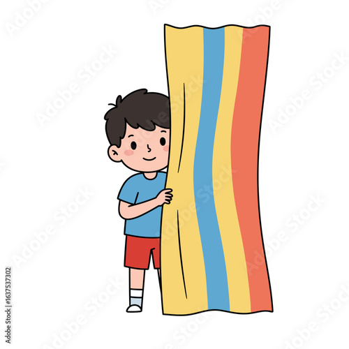 Cute cartoon boy with dark hair peeking playfully from behind a colorful striped curtain.