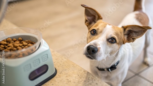 Curious Dog Looking at Food Bowl in Modern Kitchen Setting