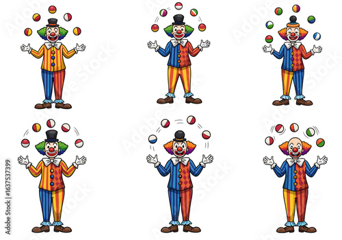A collection of six different cartoon circus clowns juggling colorful balls.